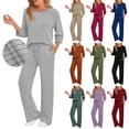 thumbnail image 1 of QATAINLAV 2 Piece Sets for Women Ribbed Knit 3/4 Sleeve Tops Pullover and Wide Leg Sweatpants Lounge Comfy Pajamas Outfits, Army Green, L, Gifts for Girls, 1 of 9