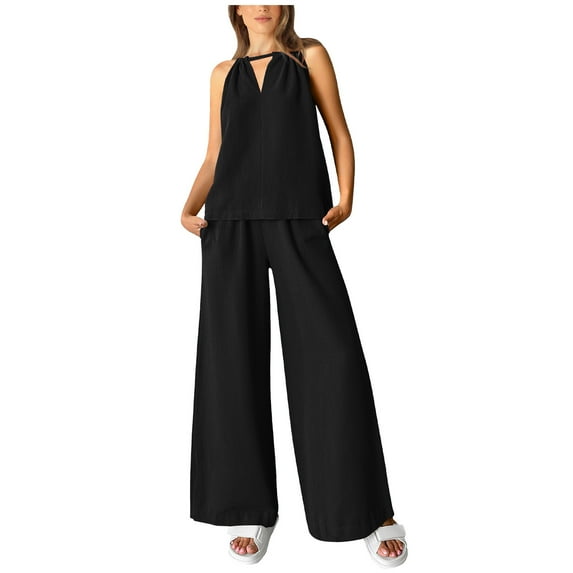 QATAINLAV 2 Piece Sets for Women Summer Casual Linen Suit Cutout Halter Sleeveless Top Matching Wide Leg Pants Lounge Set 2024 Tracksuit with Pockets Lightning Deals Black XXL