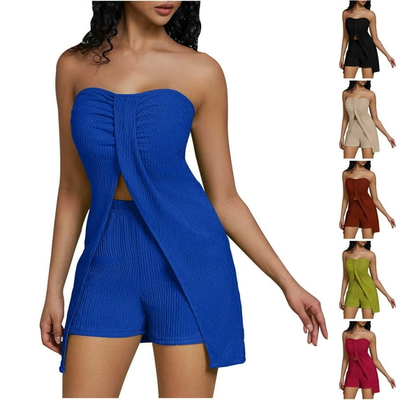 QATAINLAV 2 Piece Shorts Sets for Women Summer 2025 Trendy Solid Color Slit Strapless Top and Lounge Shorts Vacation Outfits Blue M Sales of The Day