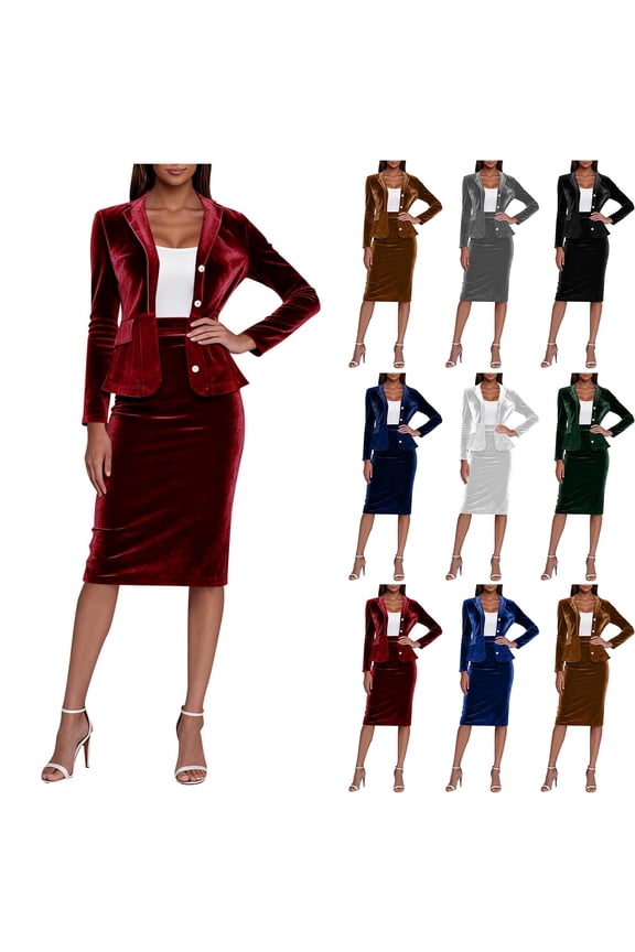 2 Piece Skirt Velet Sets for Women Business Casual Outfits Office Formal Blazer Jacket and Midi Pencil Skirts Ladies Suits Set, Blue, L, Mothers Day Gifts!