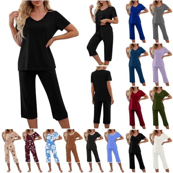 QATAINLAV 2 Piece Summer Sets for Women Cute Floral Print Short Sleeve Pajama Outfits Loose V Neck Tops and Capris Cotton Sleepwear Loungewear Set, Blue, S