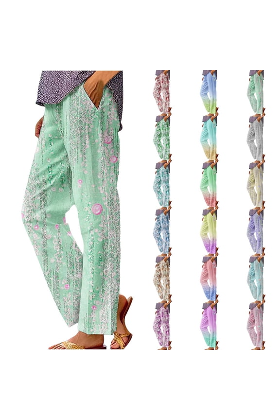 2025 Cotton Linen Pants Women Plus Size Elastic Waist Straight Leg Pants Summer Slack Casual Trouser with Pockets Light Blue XXXXL Limited Time Sale