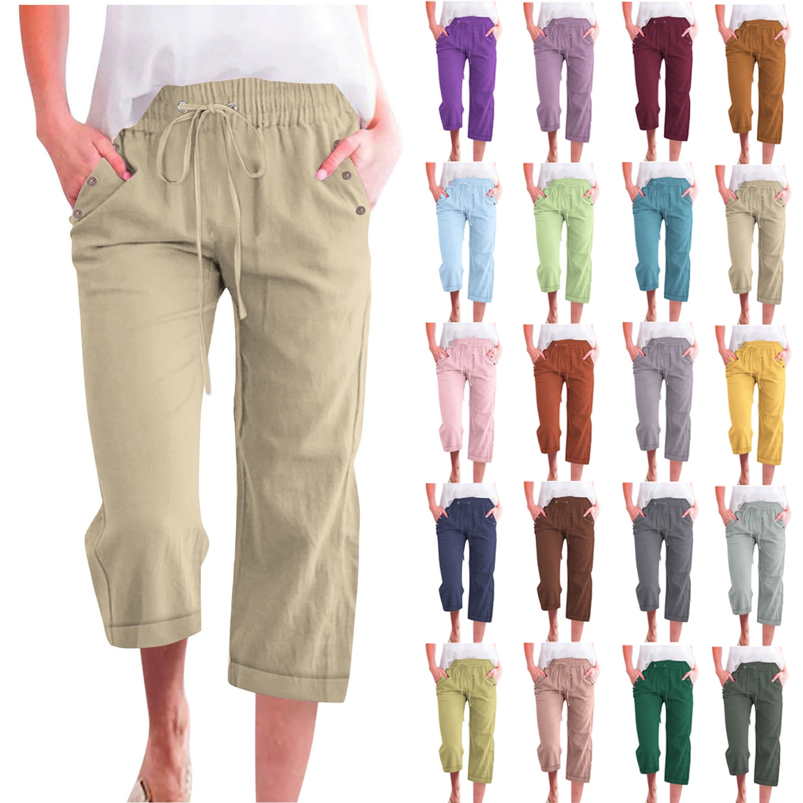 QATAINLAV 2025 Linen Capri Pants for Women Elastic Waist Drawstring ...
