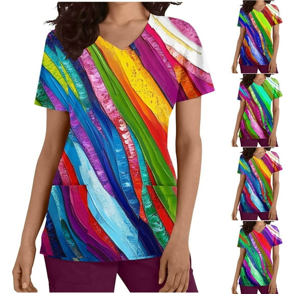 QATAINLAV 2025 Summer Savings! Womens Scrub Tops Rainbow Print V Neck Short Sleeve T Shirts Stretch Nurse Work Uniform Medical Scrubs with Pockets Blue L