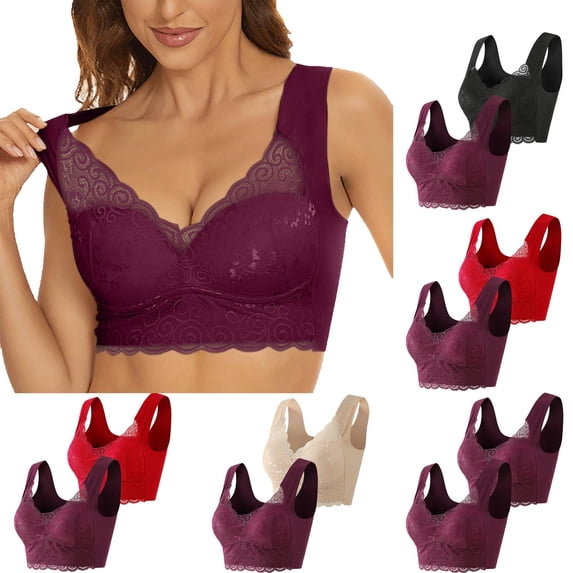 QATAINLAV 2PC Woman Plus Size Hollow out Lace Smooth Seamless Tank Bra Figure Beauty Back Bra Solid Strap Wrap Bra Underwear , Red