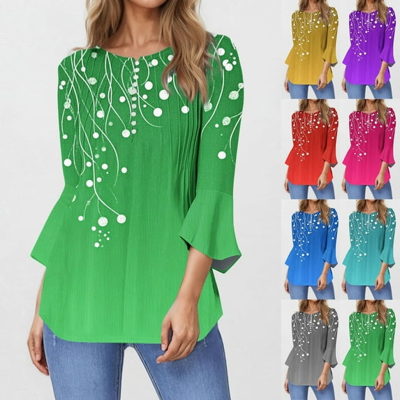 QATAINLAV 3/4 Flared Sleeve Shirts for Women Loose Button Down Henley Shirt Fashion Floral Print Pleated Pullover Tunics 2025 Vacation Tops Blue XL Sale of The Day