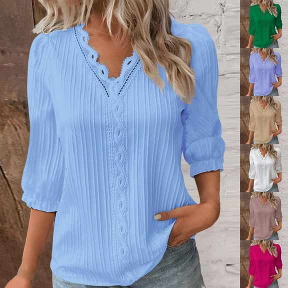 QATAINLAV 3/4 Length Sleeve Womens Tops 2025 Dressy Casual V Neck Tshirts Trendy Puff Sleeve Loose Fit Ribbed Blouses Summer Vacation Outfits Rose Gold S Back to School Sales