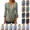 thumbnail image 1 of QATAINLAV 3/4 Length Sleeve Womens Tops Casual Button Up V Neck Tunic Shirts Fashion Leaf Print Ruched Flowy Blouses 2025 Vacation Beach Outfits Purple XXL Mother's Day Gifts, 1 of 6