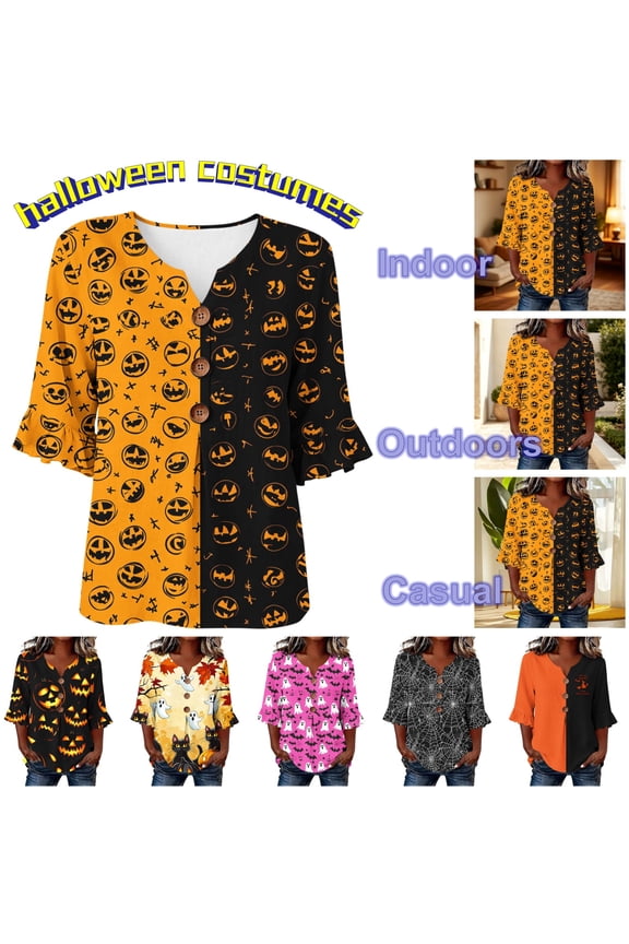 3/4 Sleeve T Shirts for Woman Ruffle Hem Halloween Graphic Tees Loose Casual Button V Neck Blouses Tops White XXL