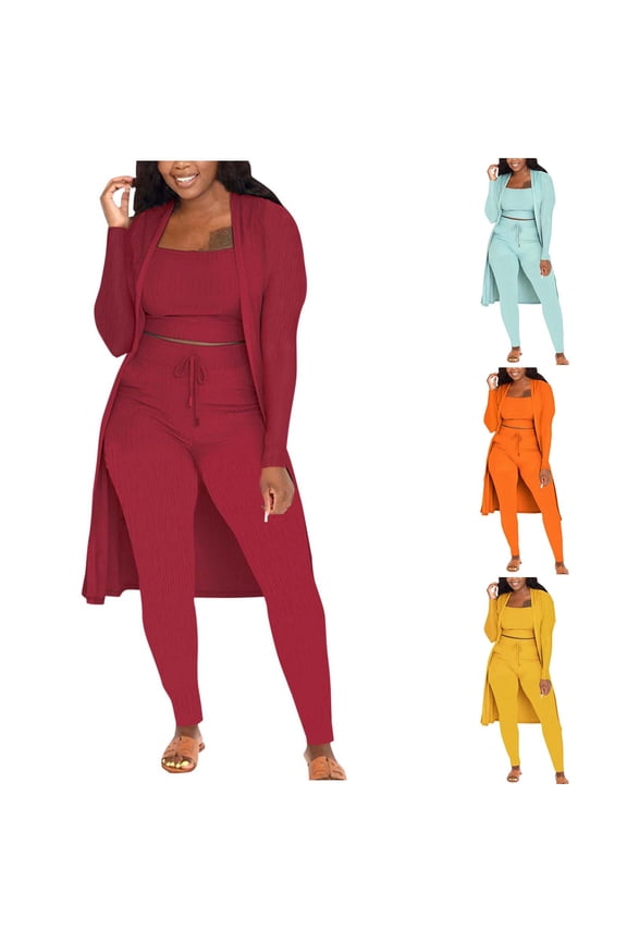 3 Piece Lounge Sets for Women Ribbed Knit Long Sleeve Cardigan Sweaters, Sleeveless Cropped Tanks and Drawstring Yoga Leggings Matching Pajama Set, Orange, XXL, Gifts for Mom