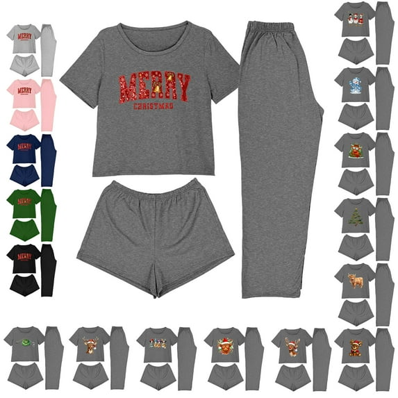 QATAINLAV 3 Piece Pajama Sets for Women Short Sleeve Tee Shirts Lounge Shorts and Pants Sleepwear Christams Gifts, Gray, XL