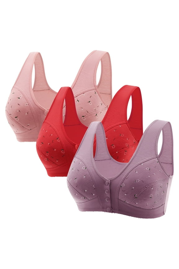 3PC Daisy Bras for Older Women Front Open Button Middle Bra Comfortable Convenient Breathable Bra Ultra Soft Wireless Bras Black and Friday Sales Multicolor M