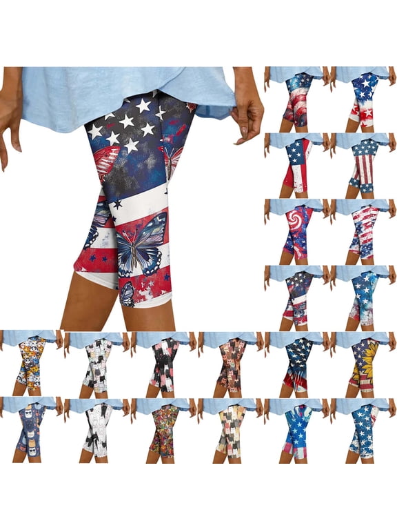 4th of July Capri Leggings for Women American Flag Printed Yoga Running Pants Compression Workout Tight Cropped Leggings White M