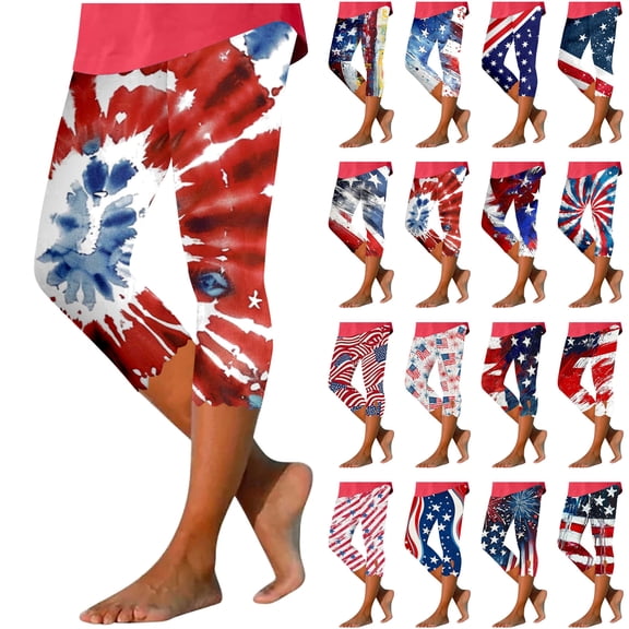 QATAINLAV 4th of July Leggings Capri for Women American Flag Patriotic Yoga Pants Vacation Legging Capris Cropped Trousers Blue XXXXL Mothers Day Gifts