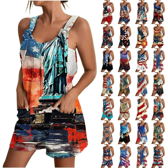 QATAINLAV 4th of July Outfits for Women Romper, USA Flag Printed Overall Womens Casual Short Jumper Comfy Linen Going Out Sports Jumper with Pocket Multicolor L