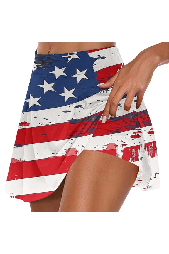 4th of July Patriotic Skorts for Women American Flag Tennis Skirt Summer High Waisted Flowy Yoga Shorts Casual Fake Two Piece Trouser Skirts My Orders Placed By Me Red XL