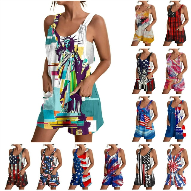 QATAINLAV 4th of July Romper for Women Summer Sleeveless Strap Jumpsuits American Flag Print Wide Leg Jumper One Piece Pants Short Overalls with Pockets Todays Daily Deals Multicolor M