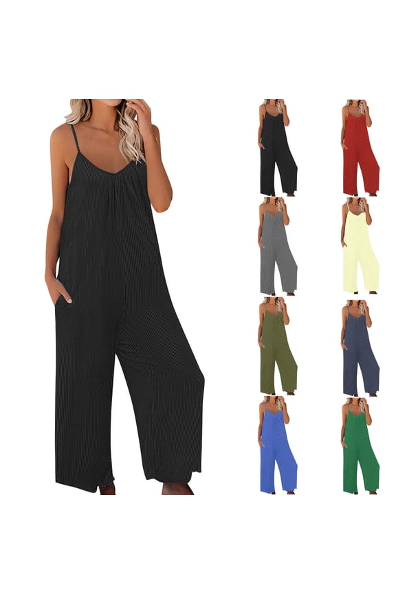 Ofertas en Walmart Jumpsuits for Women Loose Sleeveless Spaghetti Strap Romper Ribbed Knit Wide Leg Overalls Solid Color One Piece Jumper Pants with Pockets Navy XL