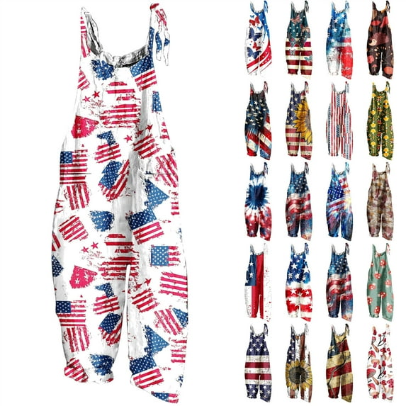 QATAINLAV Purses for Women Clearance! Women's Linen Jumpsuits Fourth of July Outfits Summer Sleeveless Wide Leg Onesie Pants American Flag Patriotic Overalls Beach Vacation Clothes Red M