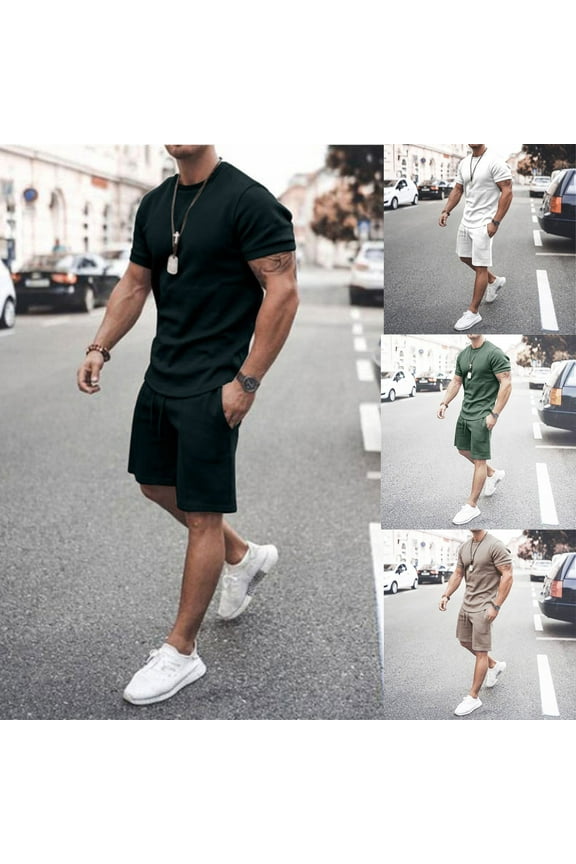 Casual Sport Set for Mens Muscle Fit Crewneck T-Shirts Matching Short Sweatpants with Pockets Two Piece Outfits Black XL