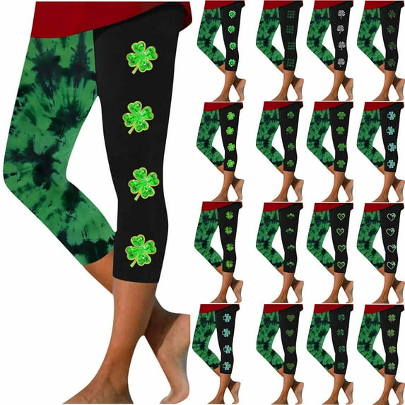 QATAINLAV Lightning Sale Womens St Patricks Day Leggings Casual Tummy Control High Waisted Cropped Leggings Fashion Clover Print Workout Capri Pants Green L