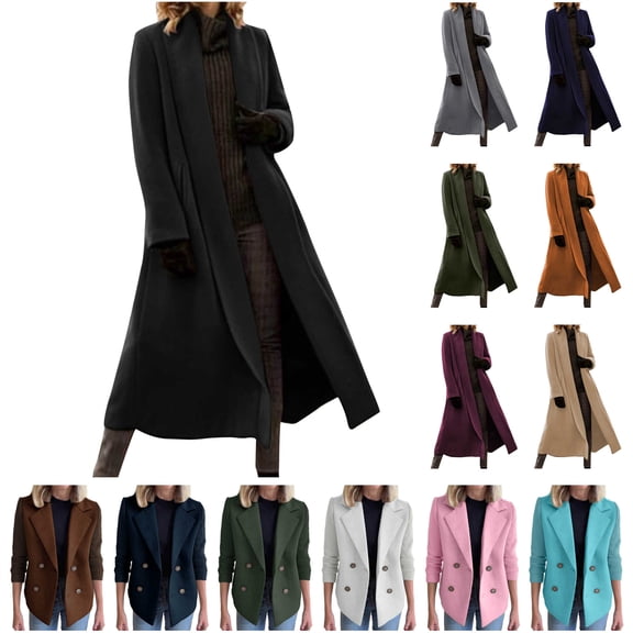 QATAINLAV Winter Jackets for Women Midi Long Notched Collar Trench Coat Casual Open Front Oversized Cardigans, Blue, S
