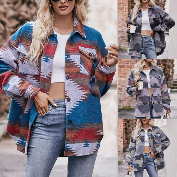 QATAINLAV 90% Off Clearance Sale Womens Shirts Casual Button Down Lapel Jackets Fashion Geometric Prints Cardigans Coats Long Sleeve Blouses Tops with Pockets Khaki XL