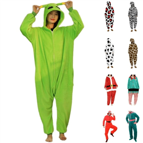 QATAINLAV Adult Onesie Halloween Costume Unisex Long Sleeve Pajamas Womens Flannel Fleece Hooded Jumpsuits Sleepwear, Green, XL