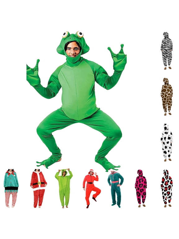 Adult Onesie Halloween Costume for Men Funny Frog Hooded Jumpsuits Cosplay Outfits, Green, XXL