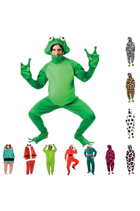 Adult Onesie Halloween Costume for Men Funny Frog Hooded Jumpsuits Cosplay Outfits, Green, XXL
