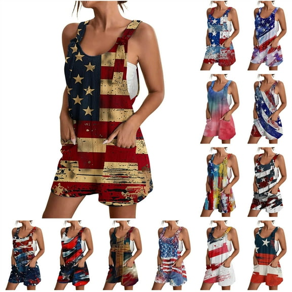 QATAINLAV American Flag Overalls Shorts for Women Summer Linen Sleeveless Straps One Piece Junpsuits Festival Cute Rompers with Pockets Blue S Ofertas de Hoy en Liquidación