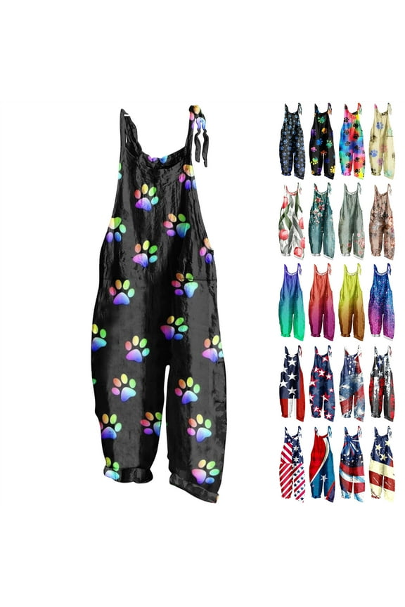 American Flag Overalls for Women Trendy Patriotic Romper Adjustable Straps Wide Leg One Piece Pants 4th of July Outfits Multicolor L Vacation Sale
