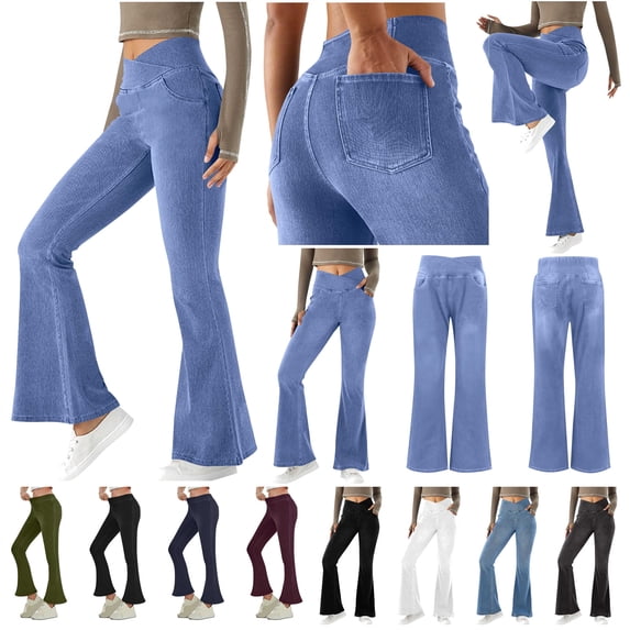 QATAINLAV Army Green High Waisted Bell Bottom Jeans for Women Stretchy Flared Jean Trousers Solid Color Pull On Yoga Pant Butt Lifting Leggings L