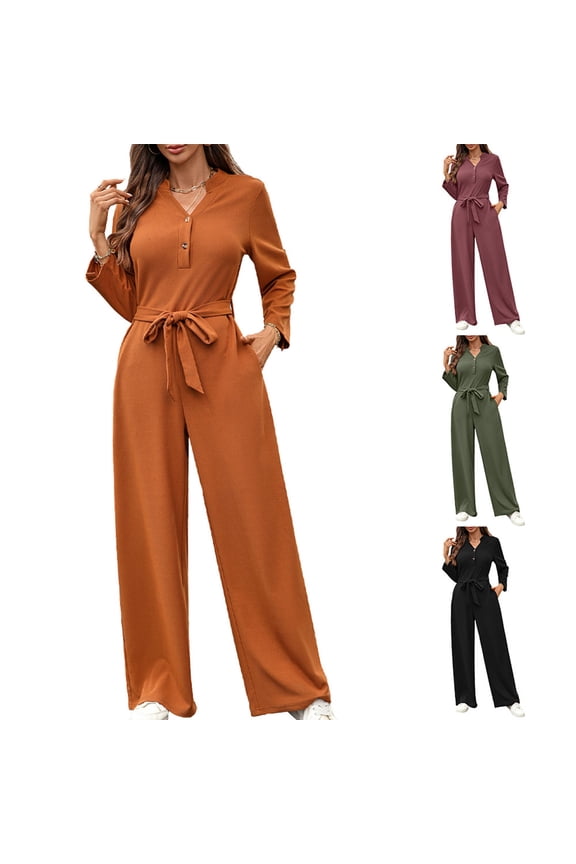 Army Green Womens Long Sleeve Dressy Casual Jumpsuits Button Down V Neck Belt Pockets Rompers Solid Color One Piece Pants Vacation Outfits L