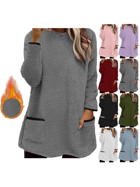 Army GreenWomens Sherpa Pullover Sweaters Fuzzy Fleece Sweatshirt with Pockets Oversized Fluffy Fall Winter Clothes L