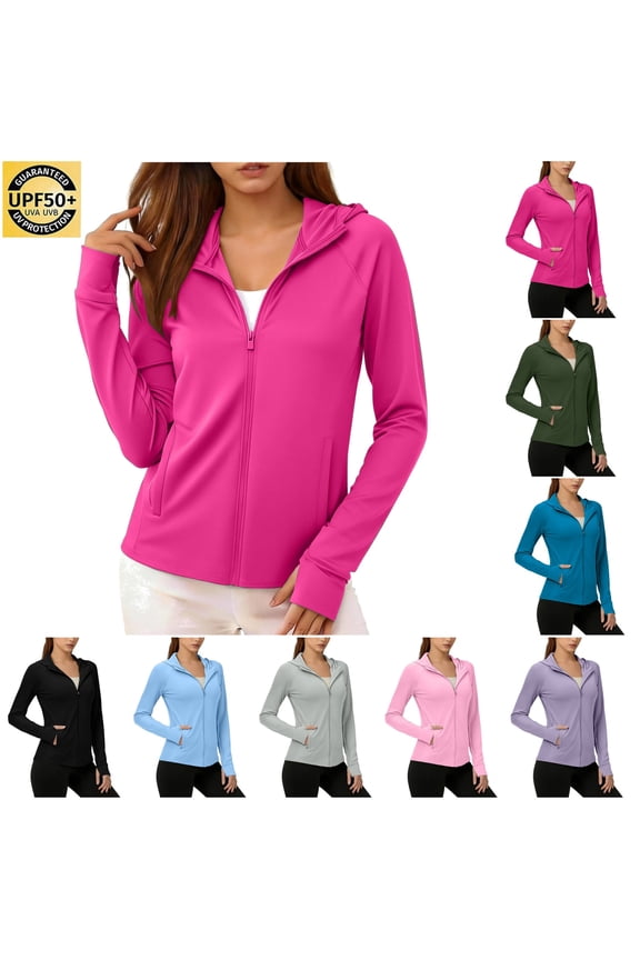 Athletic Jackets for Women Summer Sun Protection Quick Dry Zip Up Hoodies Solid Color Long Sleeve Thumb Holes Workout Sun Shirts Hot Pink S