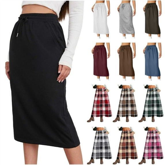 QATAINLAV Athletic Skirts for Women Drawstring Elastic Waist Midi Skirt Cotton Comfy Sweat Long Skirts with Pocket, Beige, S