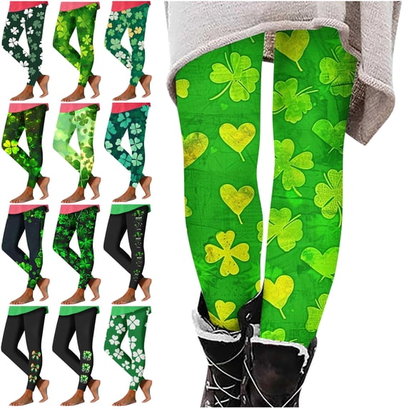 QATAINLAV St Patricks Leggings for Women Stretchy High Waisted Soft Shamrock Legging Bottoms Irish Clover Graphic Tight Yoga Pants Green S