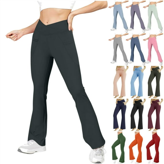 QATAINLAV Back to School Prime Sales Womens Flare Leggings Tummy Control Crossover High Waisted Stretchy Yoga Pants Wide Leg Gym Workout Leggings Navy XL