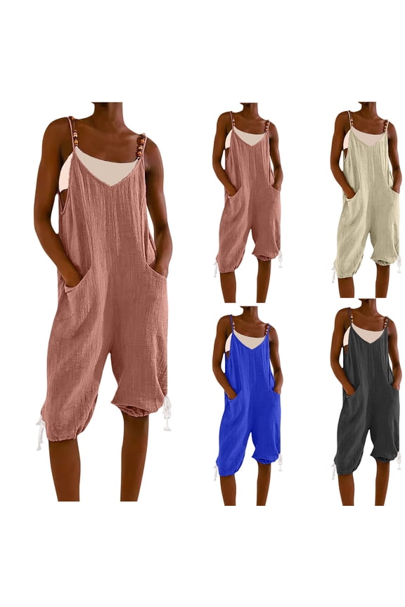 Womens Linen Capri Overalls Sleeve Spaghetti Straps Short Jumpsuits Casual Loose Fit V Neck Cinch Bottom Rompers with Pockets Black M