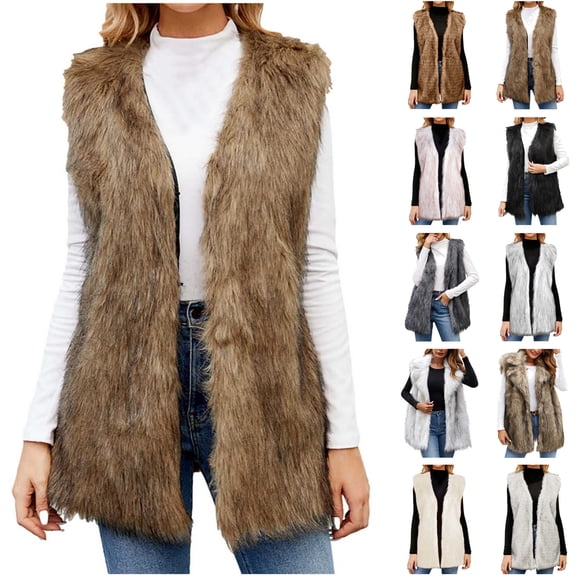 QATAINLAV Faux Fur Jackets for Women 2026 Winter Soft Shaggy Sleeveless Vest Jacket Thicken Warm Fuzzy Fleece Lapel Winter Coats Khaki XL