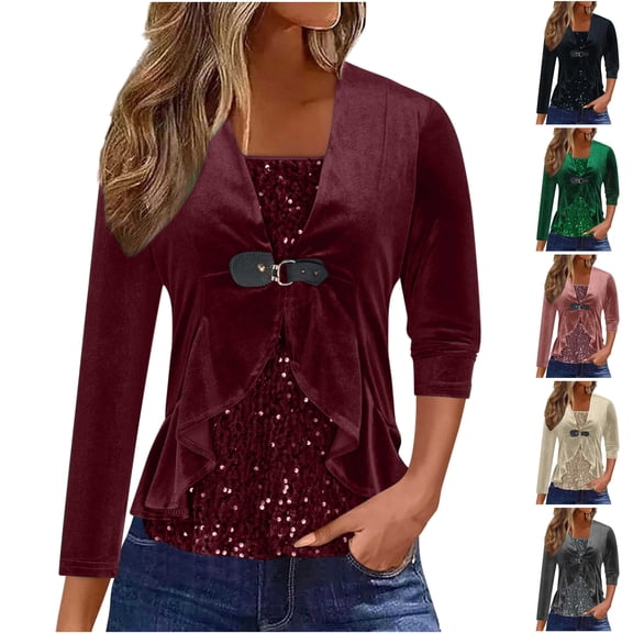 QATAINLAV Back To School Sales Plus Size Sequin Velvet Tops for Women Casual Splicing Ruffle Hem Tunic Blouses Sparkly Glitter Dressy Long Sleeve Shirts Black L