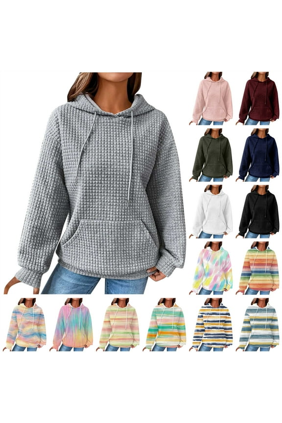 BiZtdJrK Womens Casual Waffle Hoodies Long Sleeve Drawstring Hooded Pullover Tops Solid Color Loose Sweatshirt with Pocket White XXL