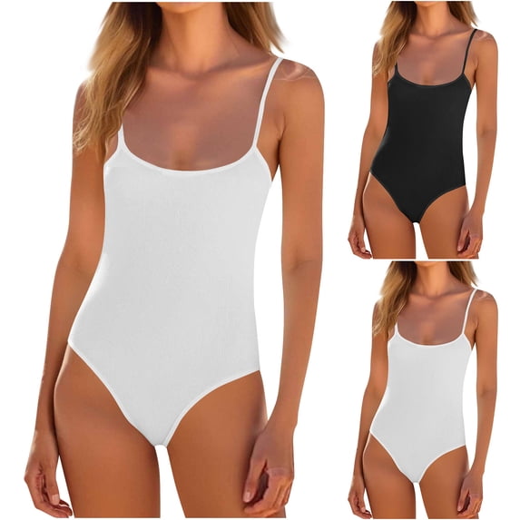 QATAINLAV Backless Cami Bodysuits for Women Scoop Neck Sleeveless Spaghetti Strap Tanks Thong Solid Color Slim Fit Jumpsuits Yoga Outfits, White, M