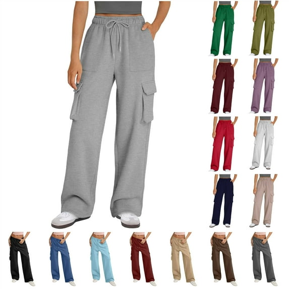 QATAINLAV Baggy Sweat Pants for Women Casual Drawstring High Waisted Wide Leg Joggers Pants Solid Color Work Trousers with Multi Pockets, Wine, M, Birthday Gifts