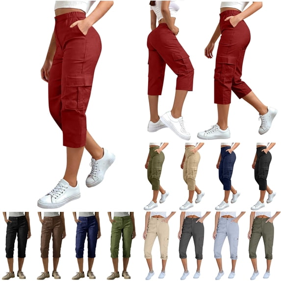 QATAINLAV Beige Capri Pants for Women with Pocket Elastic Waisted Button Relaxed Fit Twill Cargo Pant Solid Color Casual Cropped Trousers Workwear XL