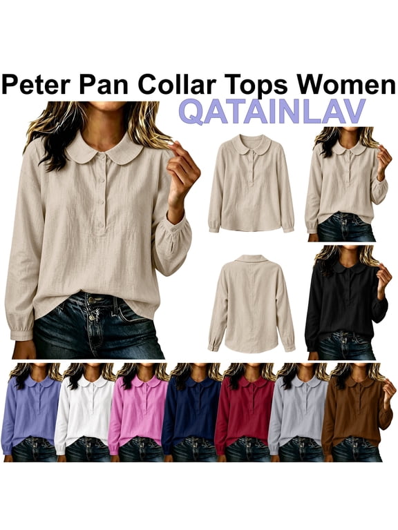 Beige Female Summer Shirts Puff Long Sleeve Button Down Cute Pan Peter Collar Blouses Fall Dressy Casual Linen Tops M