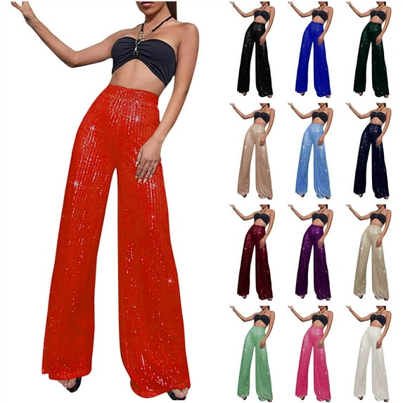 QATAINLAV Beige Sequin Pants for Women High Waist Sparkly Wide Leg Trousers Dressy Elegant Flowy Palazzo Pants
