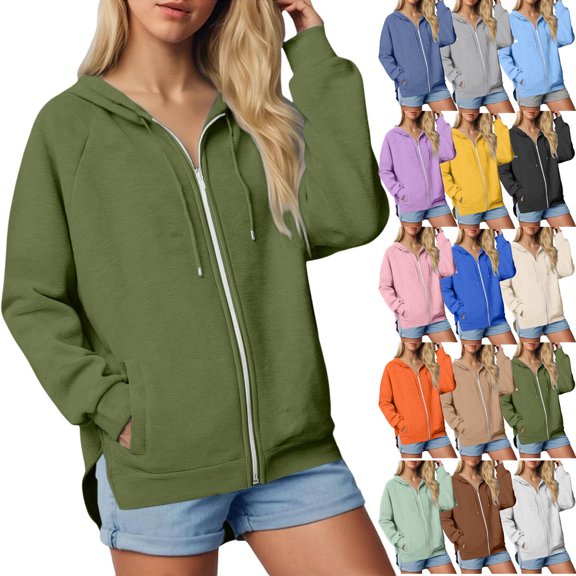QATAINLAV Beige Womens Loose Sweatshirt Jackets Zip Up Hooded Coats with Slit Oversized Workout Hoodies with Pocket