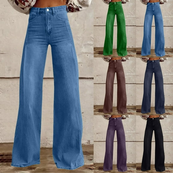 QATAINLAV Bell Bottom Jean Pants for Women Stretchy High Waisted Wide Leg Jean Pants Loose Plus Size Denim Trousers Streetwear Blue XXXXL Mothers Day Gifts